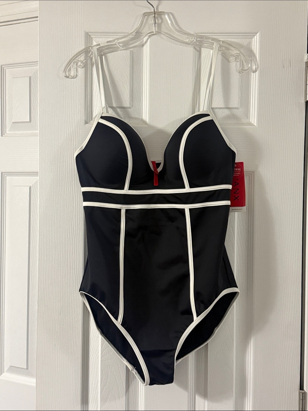 NWT SPANX Sweetheart One-Piece Swimsuit Black w/Contrast Piping Size US 14